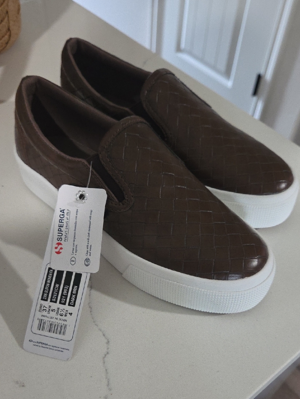 Superga Brown Woven Slip-On Sneakers with White Platform